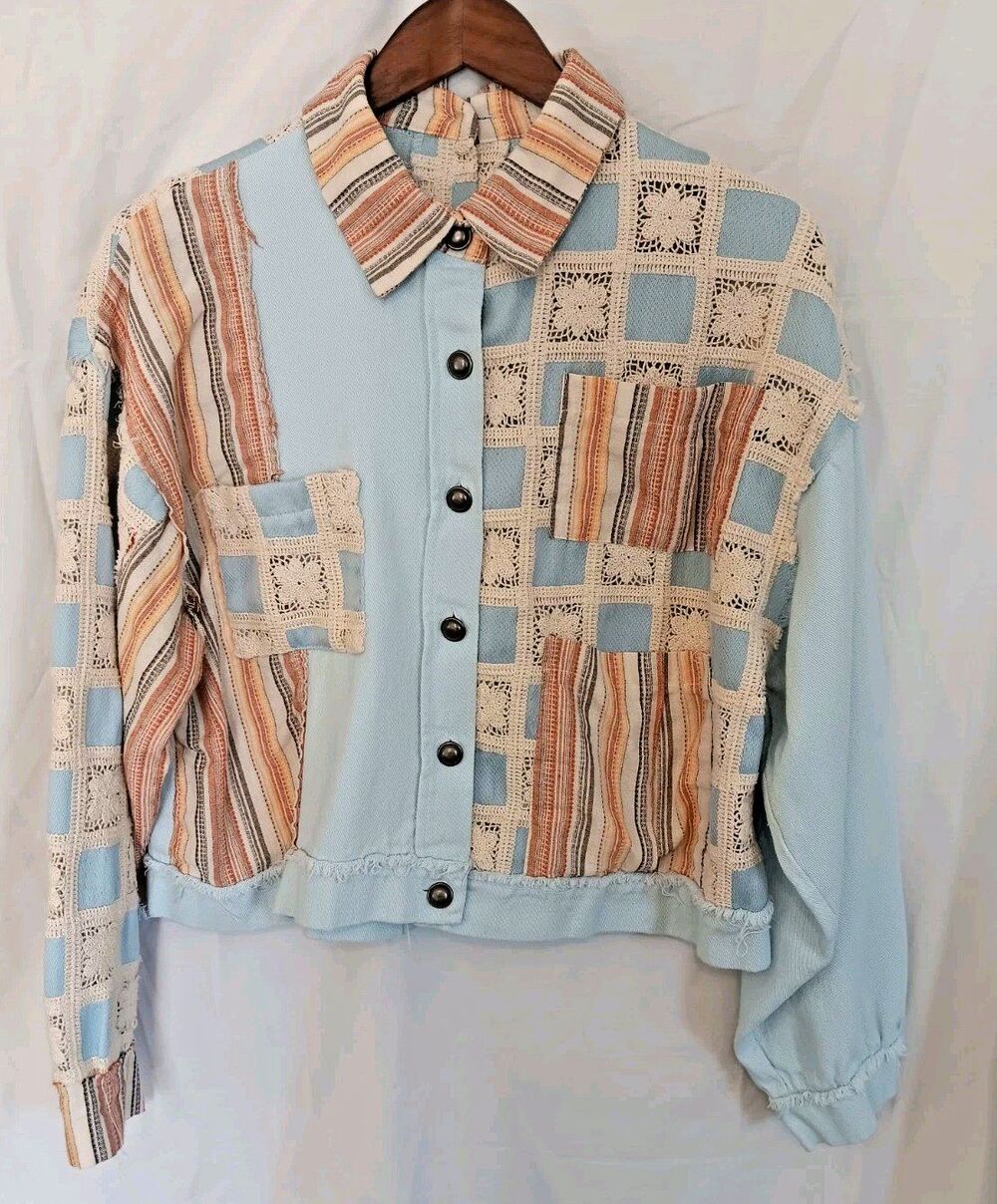 POL Women’s Small Patchwork Denim Crochet Jacket Boho Western Shacket